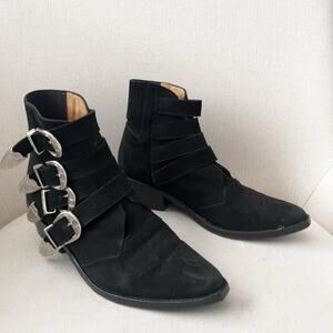 Toga Pulla Boots Womens 37 7 Buckle Belted Cowboy Ankle Black Suede Boho Western